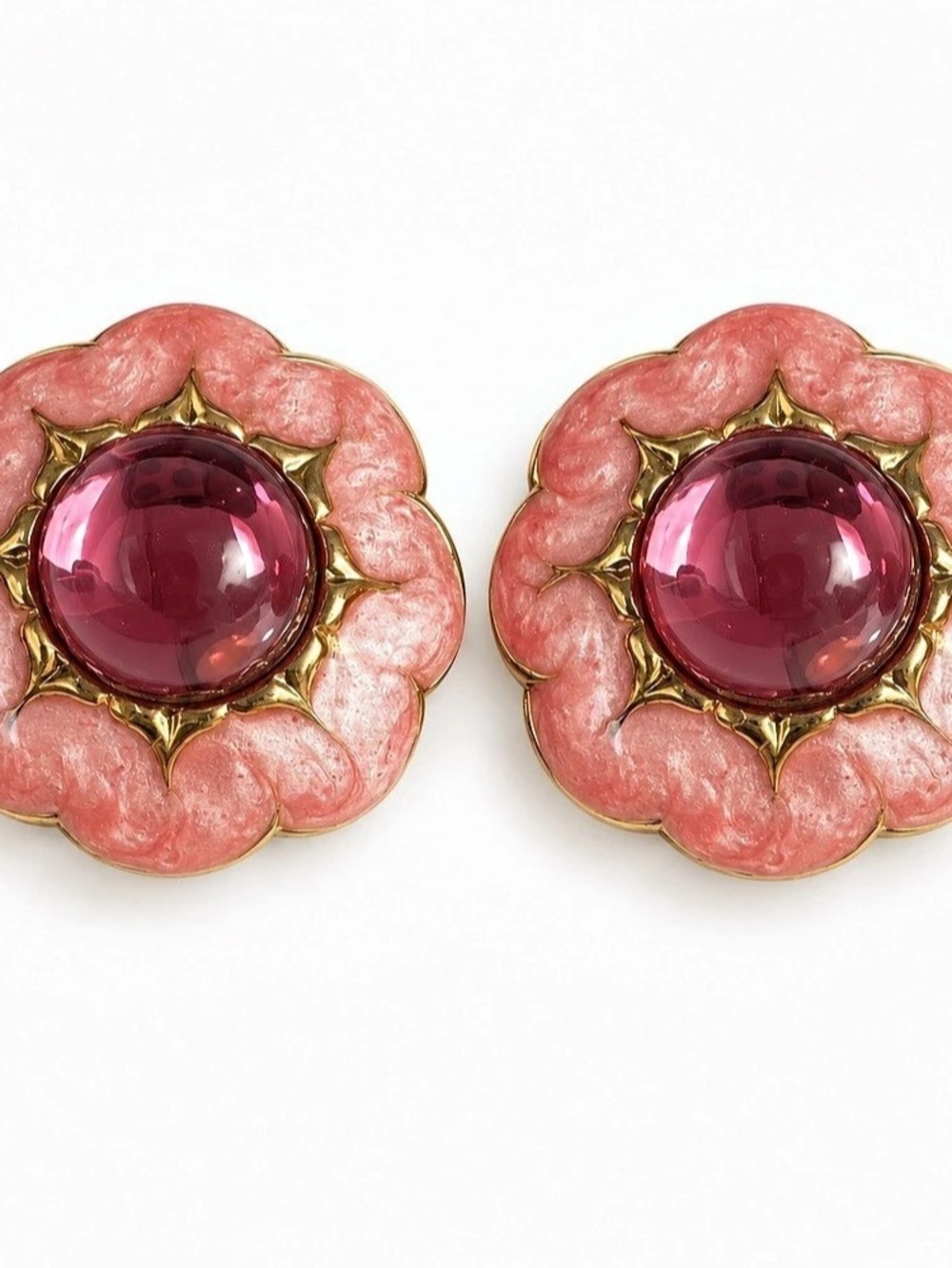 Two Sisters Pink Flower Glass Cabochon Post Earrings
